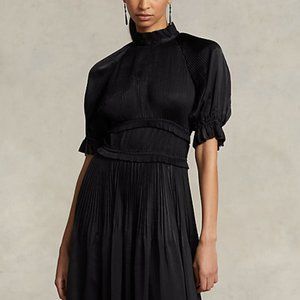 Ralph Lauren Pleated Satin High Neck Midi Dress